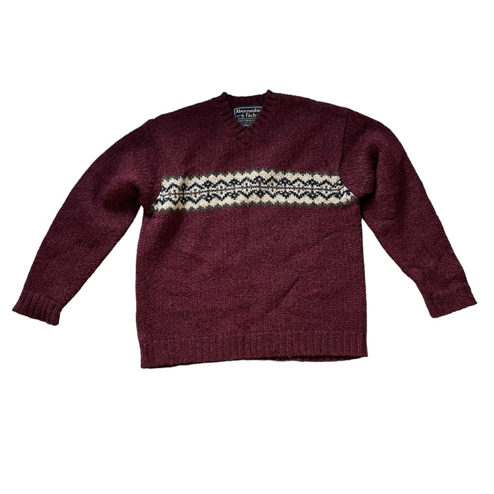 Abercrombie & Fitch Sweater Men's L 100 wool Nordic Red Crew neck Excellent✅ - Picture 2 of 5